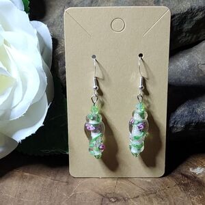 Hand Crafted Lampwork Glass Pink and Green Earrings With Green Crystal Beads
